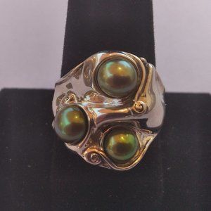 Green Pearl Sterling Silver Ring, Size 9.75
